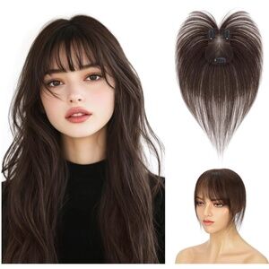 NIB Clip-In Human Hair Topper with Wispy Bangs